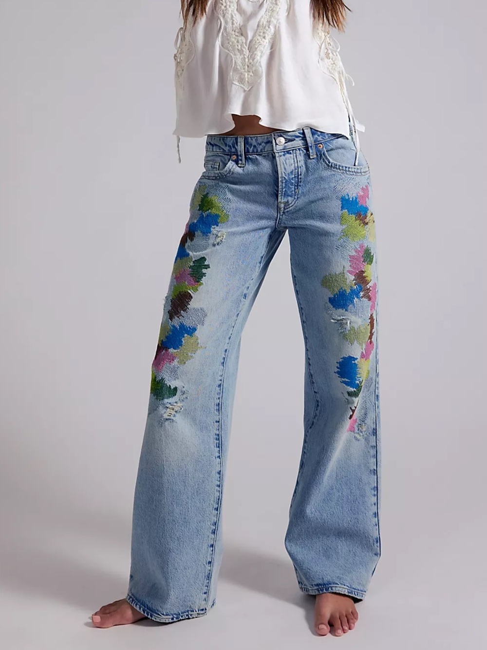 Free People We The Free Tennessee Low-Rise Illusions Jeans Floral Canvas 24 NWT